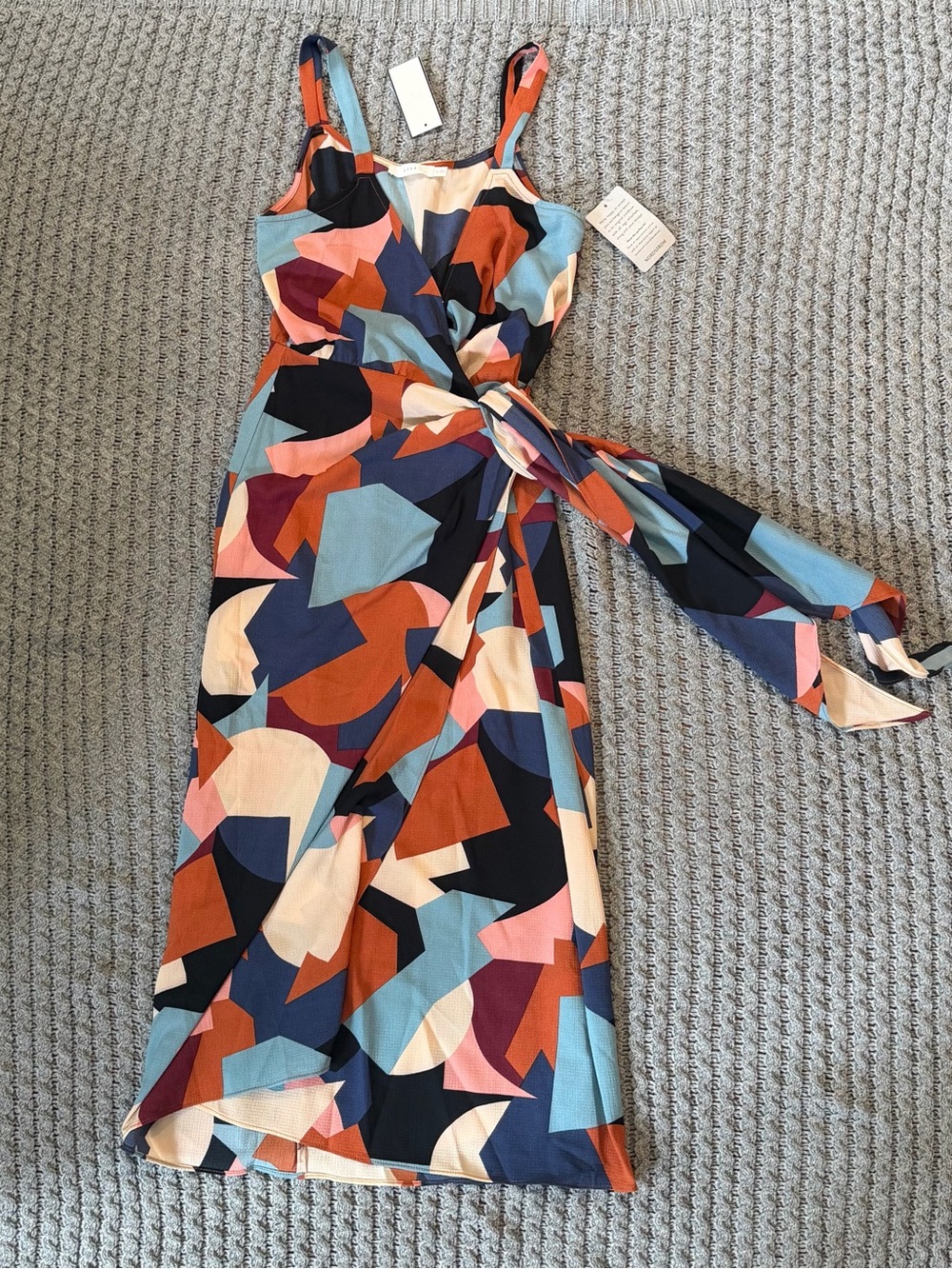 Lush Abstract Wrap Midi Dress in Blue, Rust and Pink